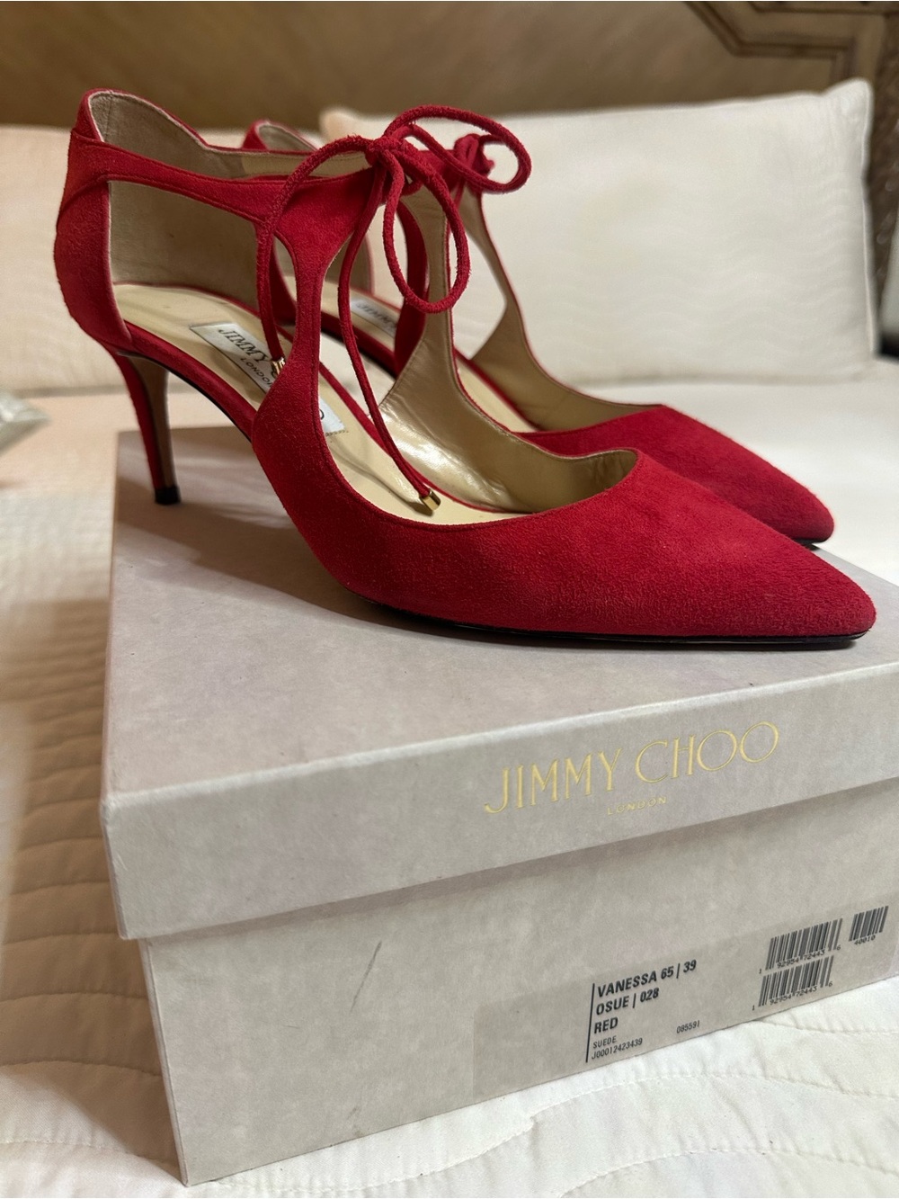 Jimmy Choo Red Suede Pointed-Toe Tie-Ankle Pumps